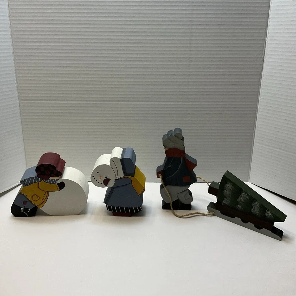 Vintage Christmas‎ Handmade Wooden Folk Art Kids Building Snowman & Pulling Tree